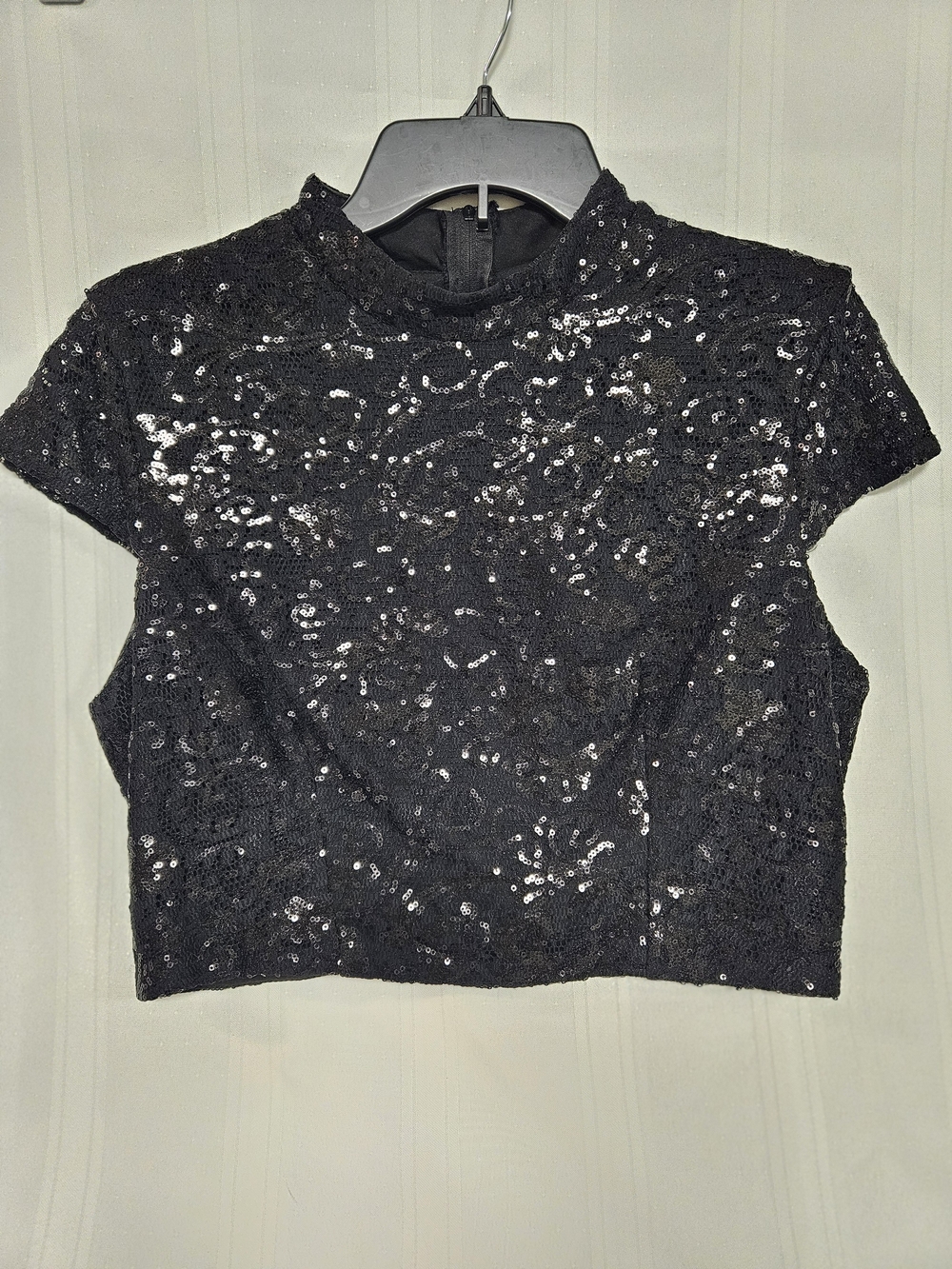 Black Sequin Mock Neck Cropped Top & Gold Metallic Skirt